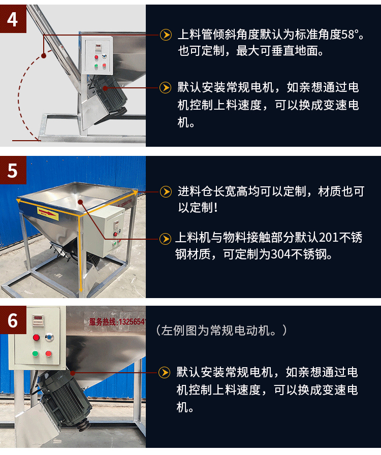 不鏽鋼螺旋輸送采用304/316L不鏽鋼材質，使用變電機（jī），可（kě）滿足客戶的多樣（yàng）化需求